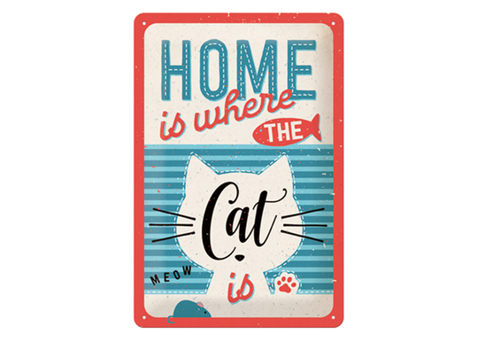 Retro metallitaulu Home is where the cat is 20x30 cm